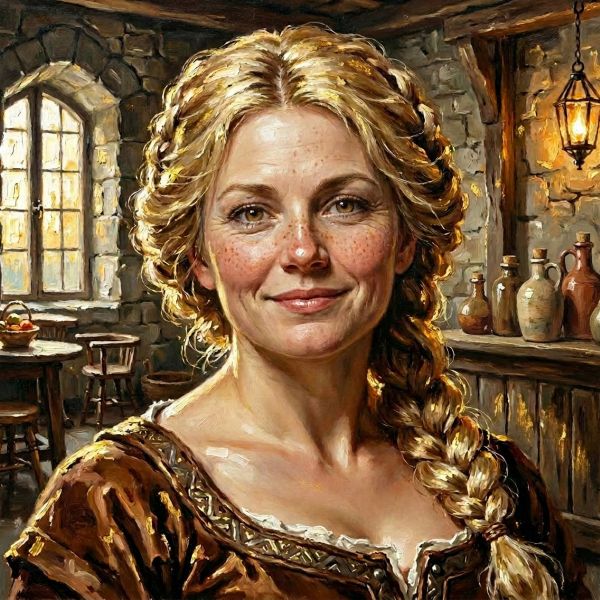 Glynnis Galdifei, Wirtin des Torflochs in der Baronie Rotenforst, Grafschaft Sichelwacht, Herzogtum Weiden