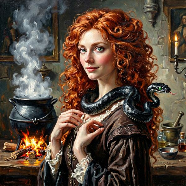 Prinzessin Gwynna von Weiden mit Vertrauter in ihrer Hexenküche