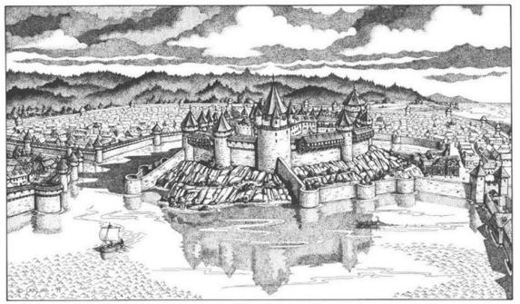 Eine Ansicht der Herzogenstadt Trallop vom Neunaugensee aus gesehen, die Bärenburg befindet sich im Vordergrund, die anderen Stadtteile liegen im Hintergrund. Das Bild wurde von Caryad gezeichnet.