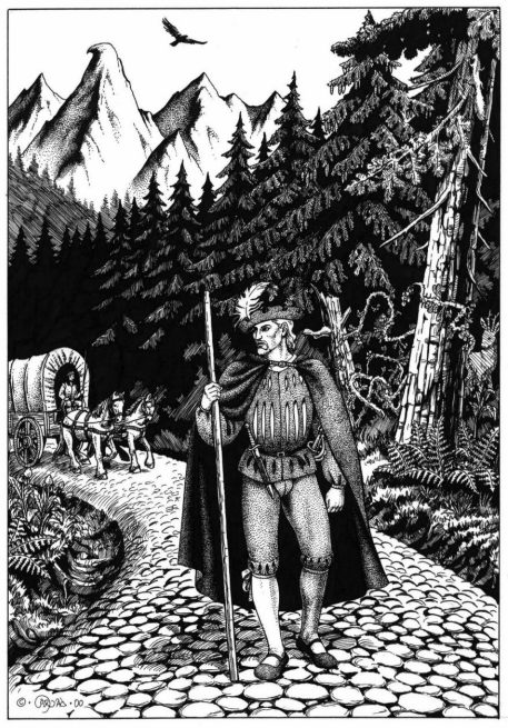 Ein Wegvogt auf dem Sieben-Baronien-Weg vor dem Panorama der Roten Sichel. Das Bild wurde von Caryad gezeichnet, die Rechte liegen bei Marcus Friedrich.